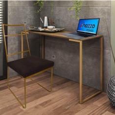 Imagem de Kit Escritório Stark Cadeira e Mesa Industrial Ferro Dourado Tampo MDF Freijó Sintético Marrom - Ahz Móveis