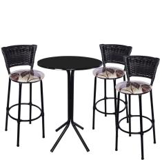 Imagem de Jogo de 3 Banquetas Preta Junco Preto Assento Floral Marrom com Bistro Preto