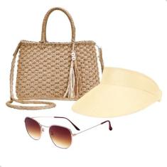 Imagem de Kit Bolsa de Palha Feminina + Viseira Solar + Óculos de Sol Para Praia Moda Verão (Bege+Marrom)