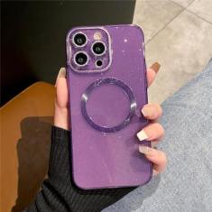 Imagem de Luxo glitter macio caso de carga sem fio para iphone 14 13 12 11 pro max silicone magnético capa à prova de choque, roxo escuro, para iphone 14 promax