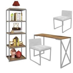 Imagem de Kit Escritório Bex 2 Cadeiras Corino Branco com 1 Mesa e 1 Livreiro Ferro Cinza MDF Freijó - Ahazzo Móveis