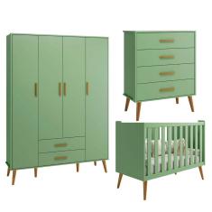 Imagem de Quarto Isis Berço Americano 2 em 1 + Comoda Gaveteiro + Guarda Roupa Isis Retrô 4 Portas 2 Gavetas Botanico Fosco - Reller