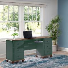 Imagem de Escrivaninha 6 Gavetas Suporte de Teclado Divisor de Ambiente 50606 Linz Móveis - Verde Musgo/Imbuia