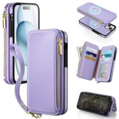 Imagem de Antsturdy Capa carteira removível 2 em 1 para iPhone 15 com Magsafe, bloqueio de RFID, carregador magnético, sem fio, capa de telefone de couro PU, capa flip com suporte para cartão, alça de pulso