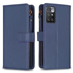 Imagem de Capa com alça de pulso para Xiaomi Redmi 10, 9 compartimentos para cartão, 1 carteira de couro com zíper, função de suporte, fecho magnético, capa para celular compatível com Redmi 10 4G 6,5 polegadas