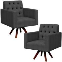 Imagem de Kit 02 Poltronas Giratórias Base de Madeira Manu L02 Capitonê Linho Chumbo - Lyam Decor