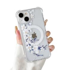 Imagem de DEFBSC Capa magnética para iPhone 15 [Funciona com Magsafe] Design de impressão de padrão floral claro de acrílico flexível à prova de choque para mulheres meninas, capa protetora de telefone de flor,