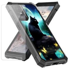 Imagem de Qindaiwen Capa para celular TCL ION X/TCL ION V capa de telefone/TCL 40Z T607DL com protetor de tela de vidro temperado, capa protetora resistente à prova de choque com estrutura de camada dupla, gato