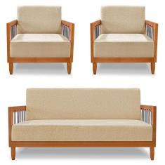 Imagem de Kit 2 Poltronas e Sofá Living 2 Lugares Marilia 1,60m Linho Dourado Base em Madeira Castanho - Pallazio