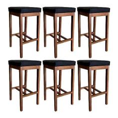 Imagem de Kit 6 Banquetas Alta Bali Estofada Moderna 74 Cm Madeira Maciça Suede Preto CCS