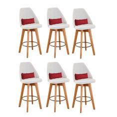 Imagem de Kit 06 Banquetas Alta Maya Giratória Com Encosto Gourmet Linho Bege e Almofada Sintético Vermelho - Aurora Line