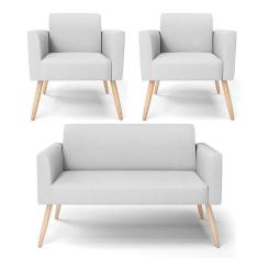 Imagem de Sofá Namoradeira Com 2 Poltronas Pés Palito Natural Marisa Linho D03 - D\`rossi Cor A05 Cinza