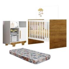 Imagem de Quarto de Bebê com Berço com Colchão Suporte Life e Cômoda 100% Mdf 1 Porta 3 Prateleiras Flocos Branco/madeirado Ypê