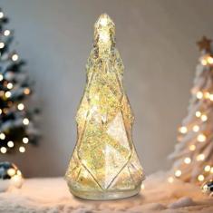 Imagem de MUMTOP Árvore de Natal de vidro de 20 cm, árvore de Natal de vidro mercúrio com luz LED e temporizador, árvore de Natal de mesa operada por bateria para lareira, mesa central, janela, decoração de