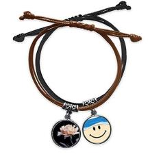 Imagem de DIYthinker Pulseira de couro rosa e branco lindas flores com corrente de mão e rosto sorridente