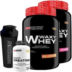 Imagem de Kit 2x Whey Protein Waxy Whey 900g + Power Creatina 100g + Coqueteleira - Bodybuilders (Morango e Cappuccino)