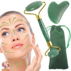 Imagem de Rolo Massageador Pedra Aventurina Quartzo Verde + Placa Gua Sha - Waps