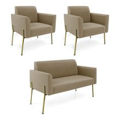 Imagem de Sofá Namoradeira E 2 Poltronas Pé De Ferro Dourado Marisa Suede D03 Marrom Rato