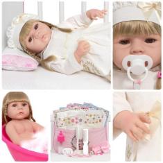 Imagem de Boneca Reborn Realista Loira Vestido Bege Enxoval Completo - Cegonha R