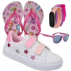Imagem de Tênis Infantil Feminino Estrela Detalhe Bordado Estiloso + Chinelo + Ó