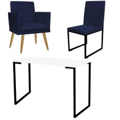 Imagem de Kit Escritório Stan Poltrona Rodapé com Cadeira e Mesa Industrial Branco Preto Suede Azul Marinho - Ahz Móveis