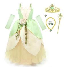Imagem de CQDY Fantasia De Princesa Tiana Para Meninas, Fantasia De Sapo De Fada, Festa De Halloween, Vestido Para Crianças Pequenas Com Acessórios Para Cabelo