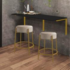 Imagem de Kit Mesa Suspensa de Parede Fixa MDF Preto + 2 Banquetas Sintra Ferro Dourado Sintético Bege - Ahazzo Móveis