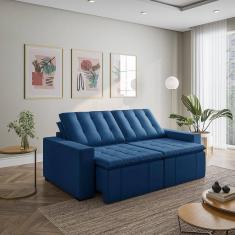 Imagem de Sofá Cama Retrátil e Reclinável 3 Lugares 220cm em Veludo com Molas e Braço Reto Palmeira Cabecasa M Azul