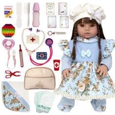 Imagem de Boneca Bebe Reborn Realista Fofa Com Roupa Azul E Itens Luxo - Cegonha