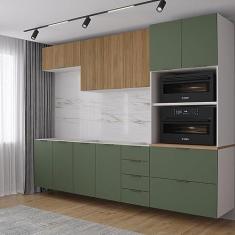 Imagem de Cozinha Modulada 5 Peças Sem Tampo 2 Aéreos 2 Balcões 1 Torre Quente Ipanema Cabecasa Madeiramadeira Acácia/verde Folha/branco