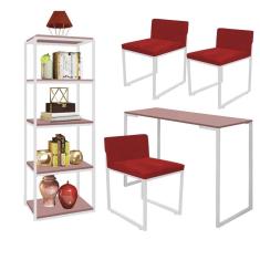 Imagem de Kit Escritório Ravi 3 Cadeiras Suede Vermelho com 1 Mesa e 1 Livreiro Ferro Branco MDF Rose Rosa - Ahazzo Móveis