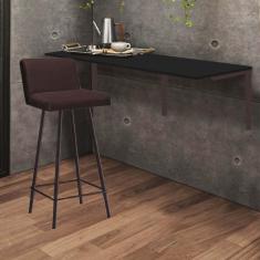 Imagem de Kit Mesa Suspensa de Parede Fixa MDF Preto + 1 Banqueta Lexi Ferro Marrom Suede Marrom - Ahazzo Móveis