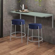 Imagem de Kit Mesa Suspensa de Parede Fixa MDF Verde Oliva + 2 Banquetas Sintra Ferro Cinza Corino Azul Marinho - Ahazzo Móveis