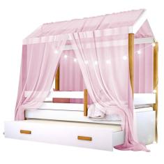 Imagem de Cama Casinha Montessoriana Solteiro com Auxiliar e Voal Rosa