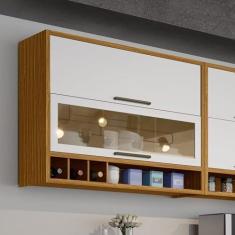 Imagem de Armário Aéreo de Cozinha 120cm com 2 Portas Basculantes e Vidro Reflecta 100% Mdf Vicenza Espresso M Amêndoa/Branco