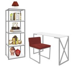 Imagem de Kit Escritório Bex 1 Cadeira Suede Vermelho com 1 Mesa e 1 Livreiro Ferro Cinza MDF Branco - Ahazzo Móveis