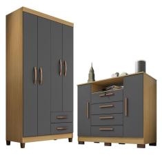 Imagem de Guarda Roupa Solteiro 4 Portas 2 Gavetas Porto Belo Com Cômoda Rack Turim 2 Portas 4 Gavetas Carvalho Grafite Clique Chique
