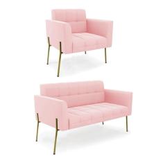 Imagem de Sofá Namoradeira E Poltrona Pé De Ferro Dourado Elisa Suede D03 - D`rossi Cor Rosa Bebê