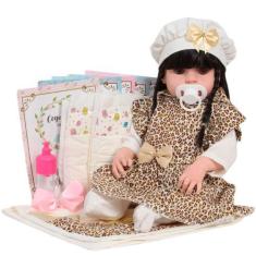 Imagem de Boneca Reborn Menina Morena Vinil Enxoval Oncinha 13 Itens - Cegonha R