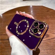 Imagem de Para iPhone 15 Pro Max Capa de telefone com moldura quadrada magnética para iPhone 11 12 13 14 Plus Capa protetora de lente, capa roxa profunda, para iPhone 15 Plus