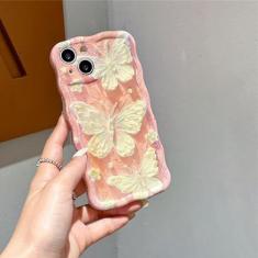 Imagem de HERCAFIE Capa para iPhone 13, capa de telefone com pintura a óleo retrô, borda ondulada brilhante com aparência de borboleta 3D para iPhone 13, capa protetora de ajuste resistente para meninas e