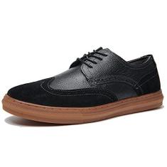 Imagem de Tênis Oxford masculino casual de couro – bico de asa moderno, elegante, confortável, sapato Oxford plano para homens, Preto, 41
