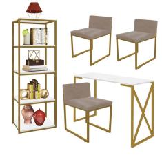 Imagem de Kit Escritório Bex 3 Cadeiras Suede Bege com 1 Mesa e 1 Livreiro Ferro Dourado MDF Branco - Ahazzo Móveis