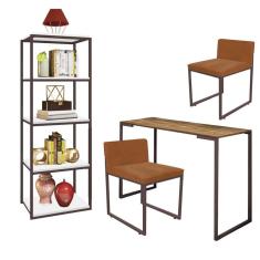 Imagem de Kit Escritório Ravi 2 Cadeiras Suede Terracota com 1 Mesa e 1 Livreiro Ferro Marrom MDF Rústico - Ahazzo Móveis