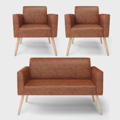 Imagem de Sofá Namoradeira com 2 Poltronas Pés Palito Natural Marisa Corano Nozes D03 - D'Rossi