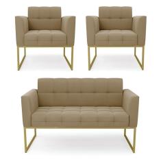 Imagem de Kit 1 Sofá Namoradeira E 2 Poltronas Elisa Suede Marrom Rato Base Metálica Industrial Dourada