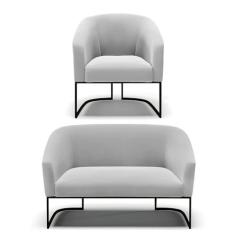 Imagem de Sofá Namoradeira e 2 Poltronas Base Industrial Preto Stella Suede Cinza D03 - D'Rossi