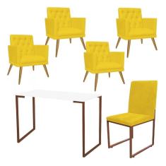 Imagem de Kit Escritório Stan 4 Poltronas Maria com Cadeira e Mesa Industrial Branco Bronze Corino Amarelo - Ahz Móveis