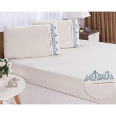 Imagem de Jogo lençol quarto casal queen bordado 3peças Palha com Azul
