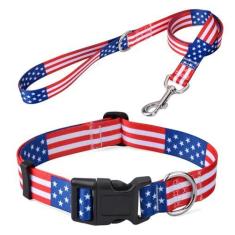 Imagem de Mihqy Conjunto de coleira e coleira de cachorro com bandeira americana - patriótica, padrão de bandeira dos EUA, estrela e listras, coleira de cachorro de 4 de julho, ajustável para cães pequenos,